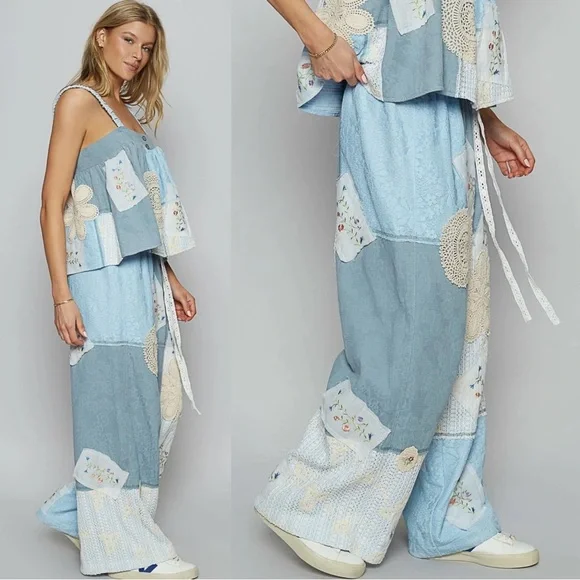 POL Wide Leg Patchwork Pants in Light Blue with Cream Accents - Picture 8 of 8